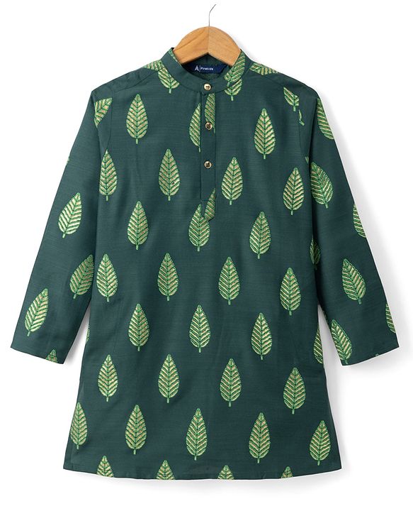 Pine Kids Woven Full Sleeves Kurta Pyjama Set With Leaf Embroidery - Green