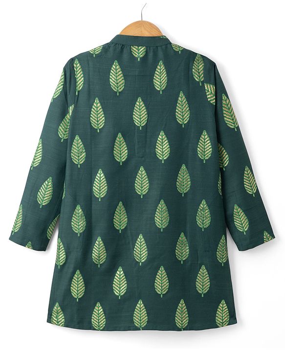 Pine Kids Woven Full Sleeves Kurta Pyjama Set With Leaf Embroidery - Green