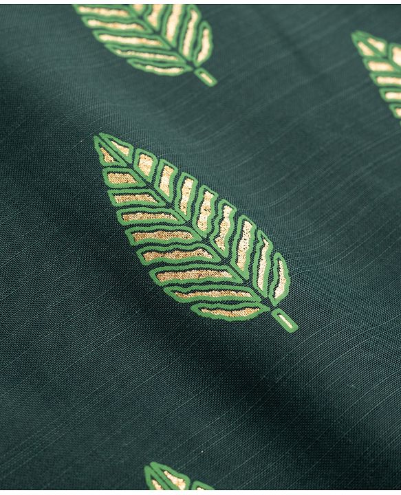 Pine Kids Woven Full Sleeves Kurta Pyjama Set With Leaf Embroidery - Green