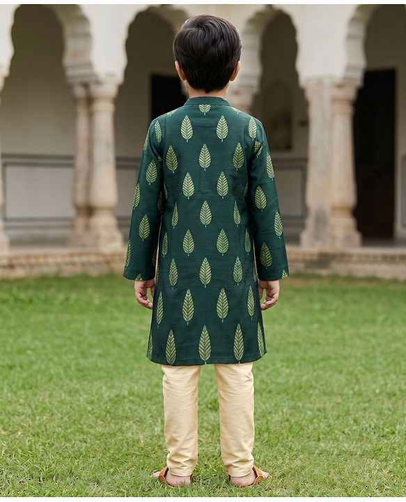 Pine Kids Woven Full Sleeves Kurta Pyjama Set With Leaf Embroidery - Green