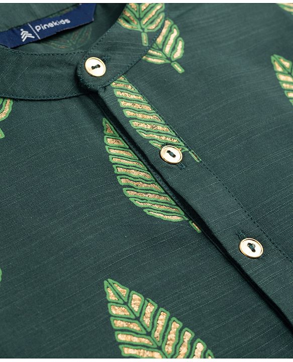 Pine Kids Woven Full Sleeves Kurta Pyjama Set With Leaf Embroidery - Green