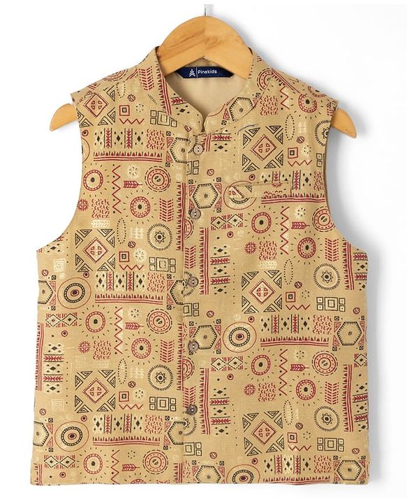 Pine Kids Woven Full Sleeves Kurta Pyjama Set and Waistcoat with Geometric Print - Maroon