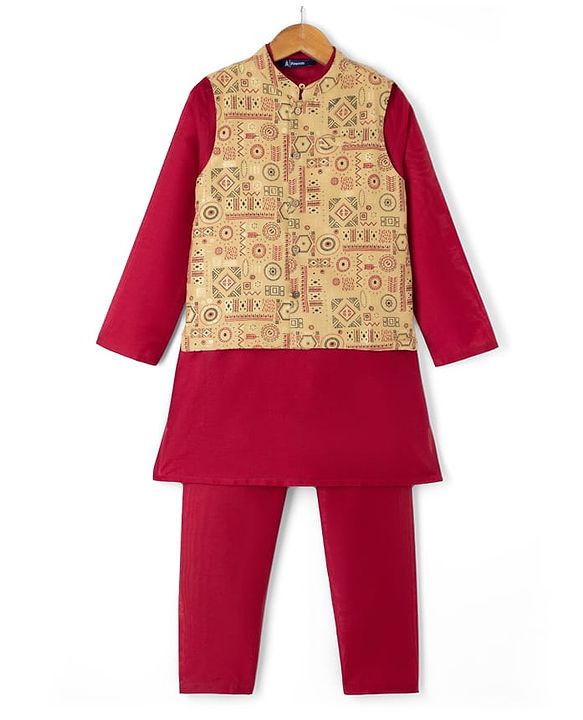 Pine Kids Woven Full Sleeves Kurta Pyjama Set and Waistcoat with Geometric Print - Maroon