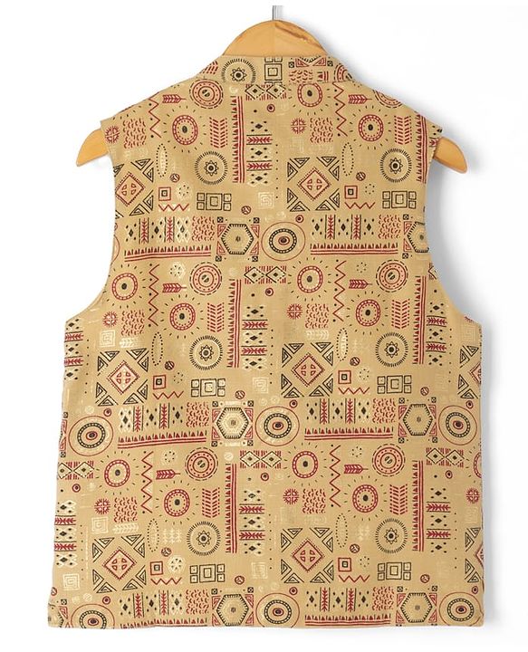 Pine Kids Woven Full Sleeves Kurta Pyjama Set and Waistcoat with Geometric Print - Maroon