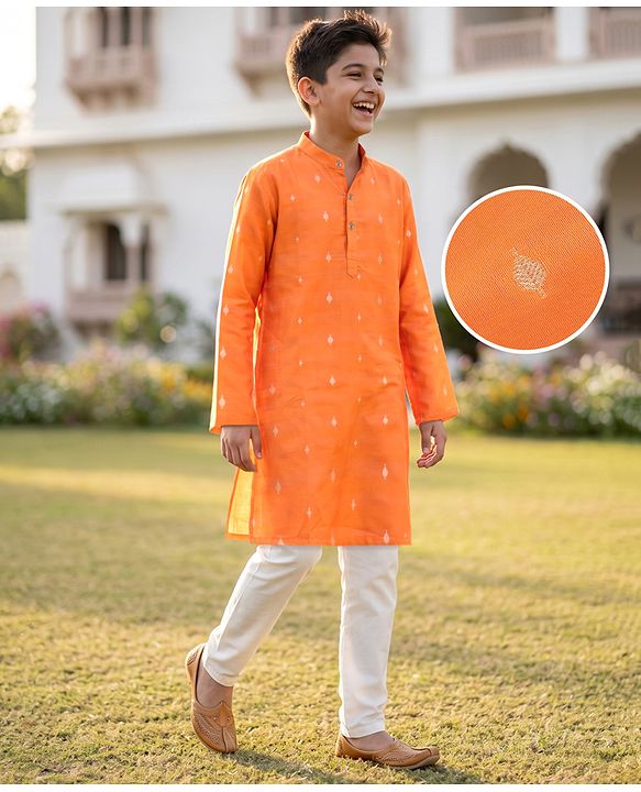 Pine Kids Woven Full Sleeves Printed Kurta Pyjama Set - Orange