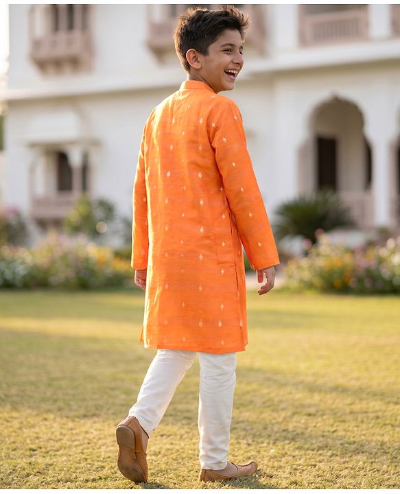 Pine Kids Woven Full Sleeves Printed Kurta Pyjama Set - Orange