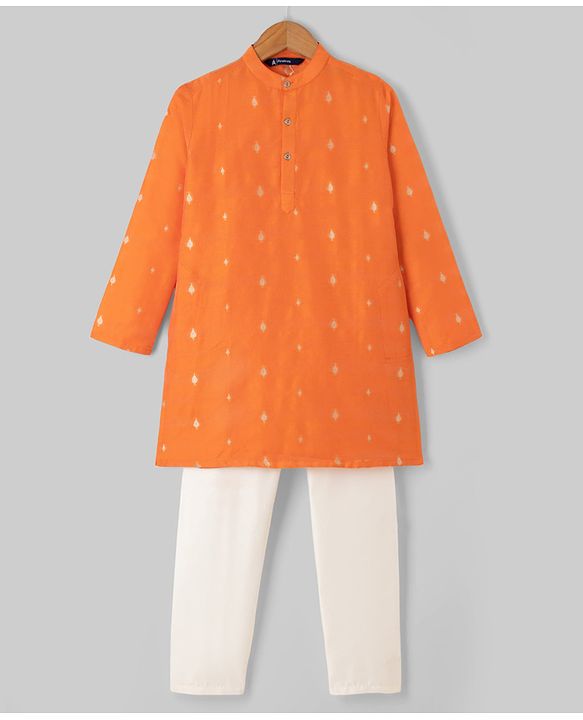 Pine Kids Woven Full Sleeves Printed Kurta Pyjama Set - Orange