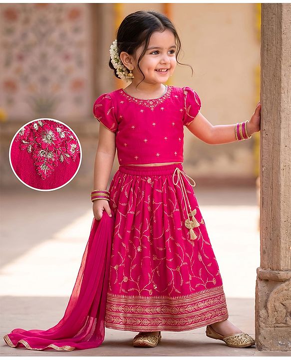 Babyhug Georgette Woven Half Sleeves Embroidered Choli Lehenga Set with Dupatta - Hot Pink