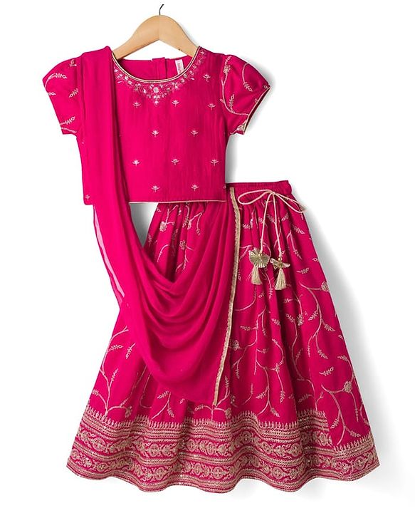 Babyhug Georgette Woven Half Sleeves Embroidered Choli Lehenga Set with Dupatta - Hot Pink