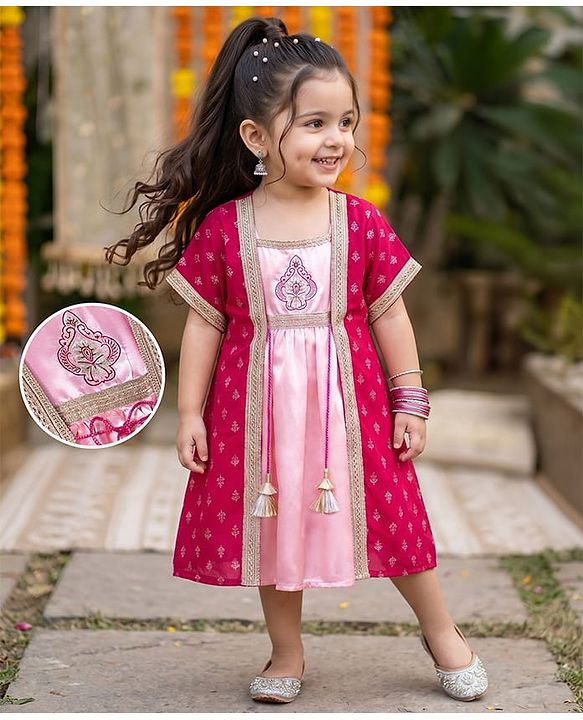 Babyhug Georgette Woven Half Sleeves Embroidered Dress With Floral Printed Jacket - Peach & Pink