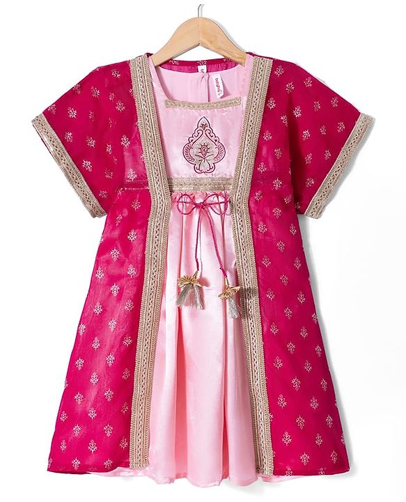 Babyhug Georgette Woven Half Sleeves Embroidered Dress With Floral Printed Jacket - Peach & Pink