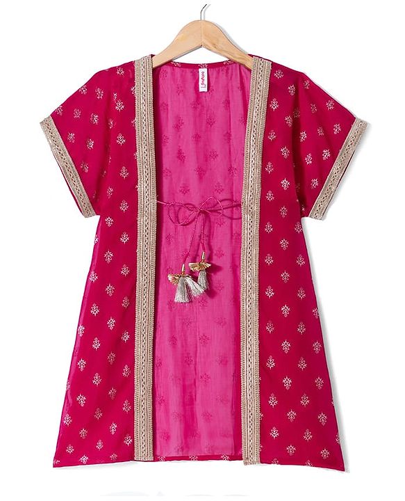 Babyhug Georgette Woven Half Sleeves Embroidered Dress With Floral Printed Jacket - Peach & Pink
