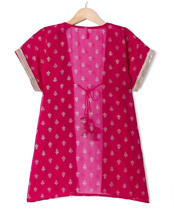 Babyhug Georgette Woven Half Sleeves Embroidered Dress With Floral Printed Jacket - Peach & Pink