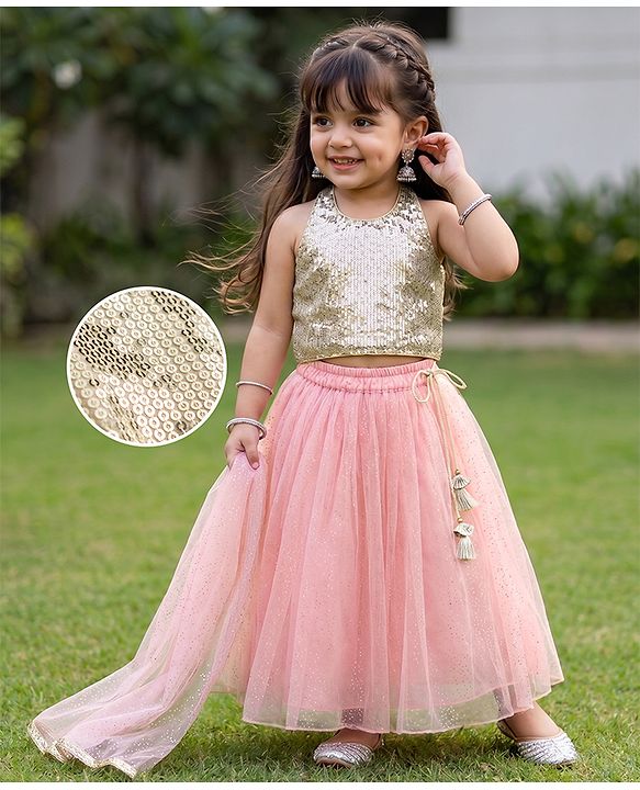 Babyhug Net Woven Sleeveless Sequinned Choli & Shimmer Net Embroidered Lehenga Set With Dupatta - Pink