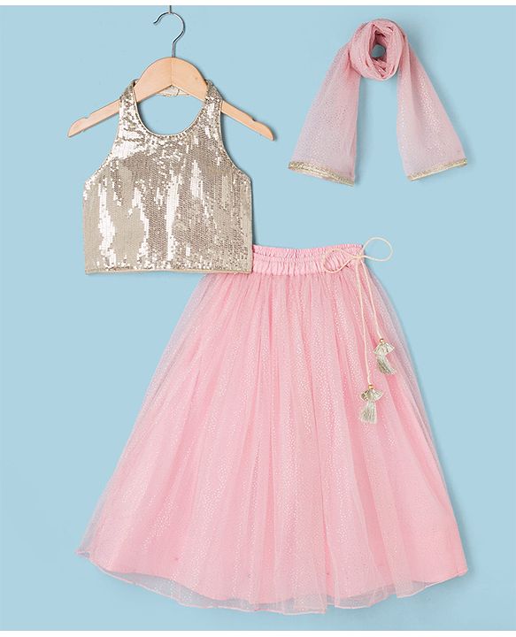 Babyhug Net Woven Sleeveless Sequinned Choli & Shimmer Net Embroidered Lehenga Set With Dupatta - Pink