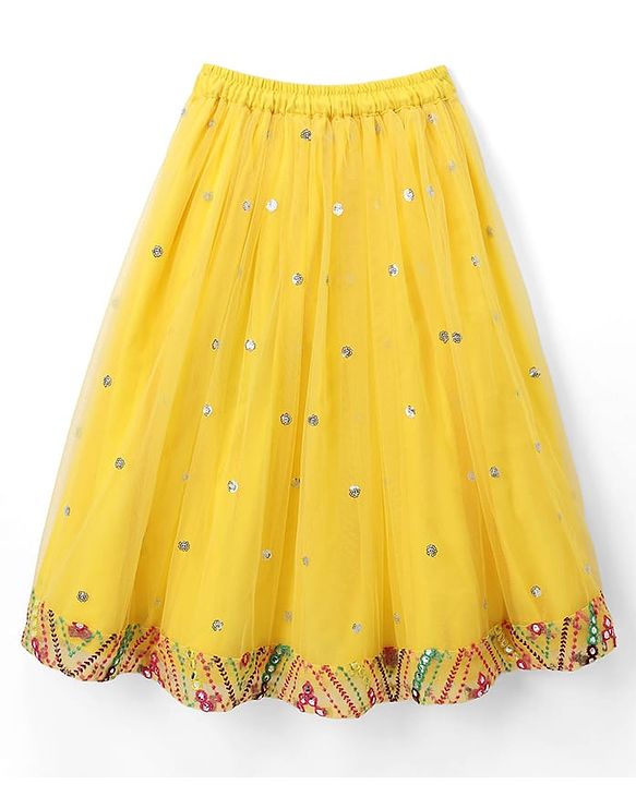 Babyhug Net Woven Half Sleeves Embroidered Lehenga With Mirror Embroidered Choli and Dupatta Set- Yellow