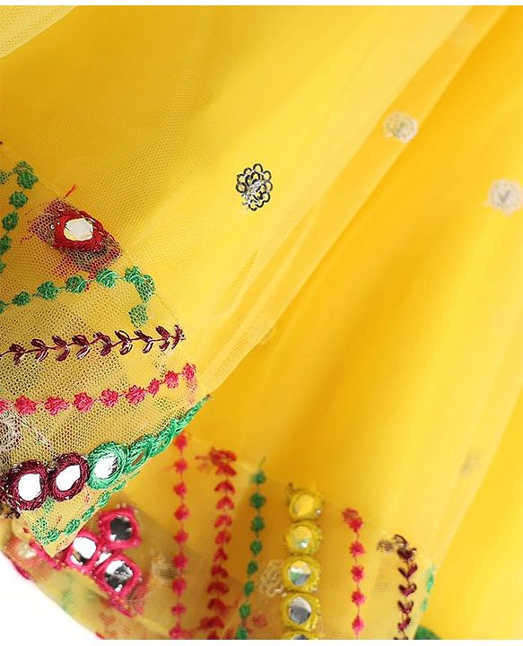 Babyhug Net Woven Half Sleeves Embroidered Lehenga With Mirror Embroidered Choli and Dupatta Set- Yellow