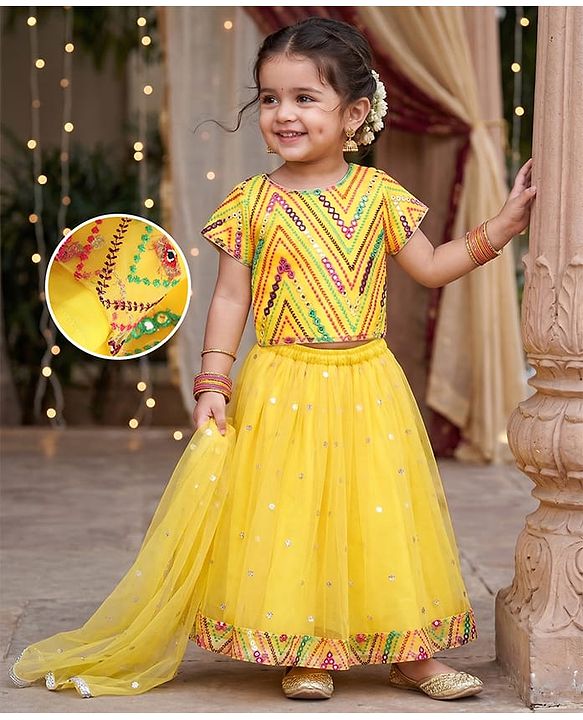 Babyhug Net Woven Half Sleeves Embroidered Lehenga With Mirror Embroidered Choli and Dupatta Set- Yellow