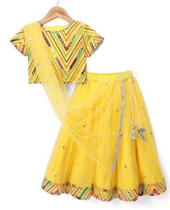 Babyhug Net Woven Half Sleeves Embroidered Lehenga With Mirror Embroidered Choli and Dupatta Set- Yellow