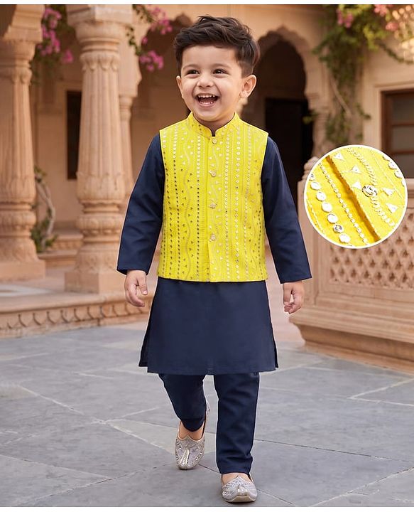Babyhug Woven Full Sleeves Solid Colour Kurta Pajama Set with Sequinned & Embroidered Nehru Jacket - Navy Blue & Yellow