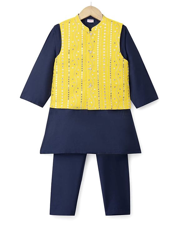 Babyhug Woven Full Sleeves Solid Colour Kurta Pajama Set with Sequinned & Embroidered Nehru Jacket - Navy Blue & Yellow