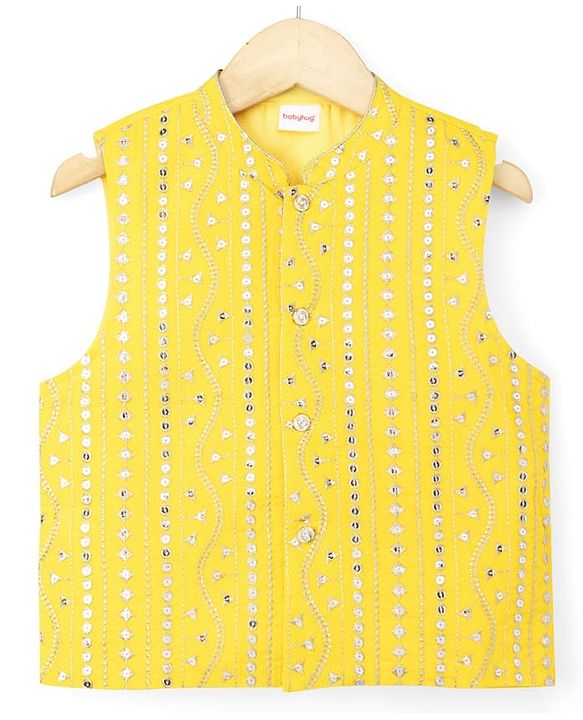 Babyhug Woven Full Sleeves Solid Colour Kurta Pajama Set with Sequinned & Embroidered Nehru Jacket - Navy Blue & Yellow
