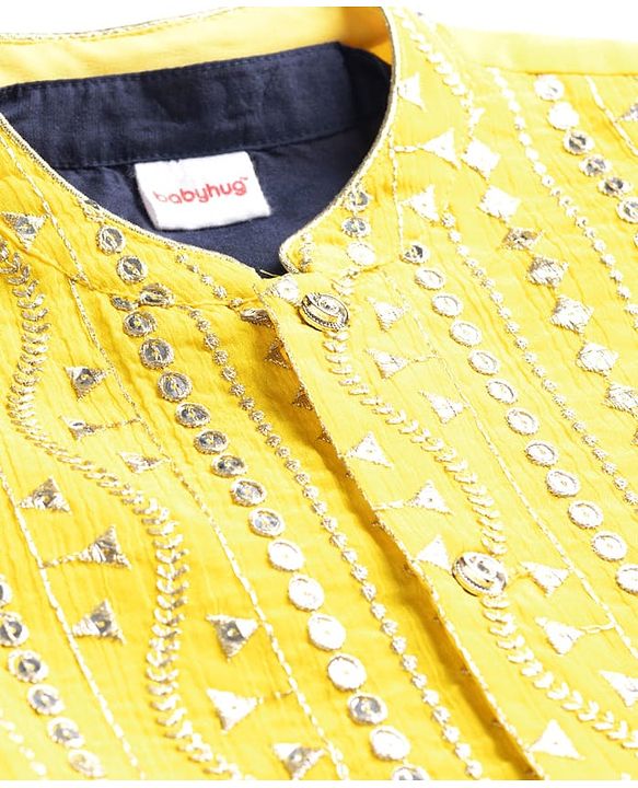 Babyhug Woven Full Sleeves Solid Colour Kurta Pajama Set with Sequinned & Embroidered Nehru Jacket - Navy Blue & Yellow