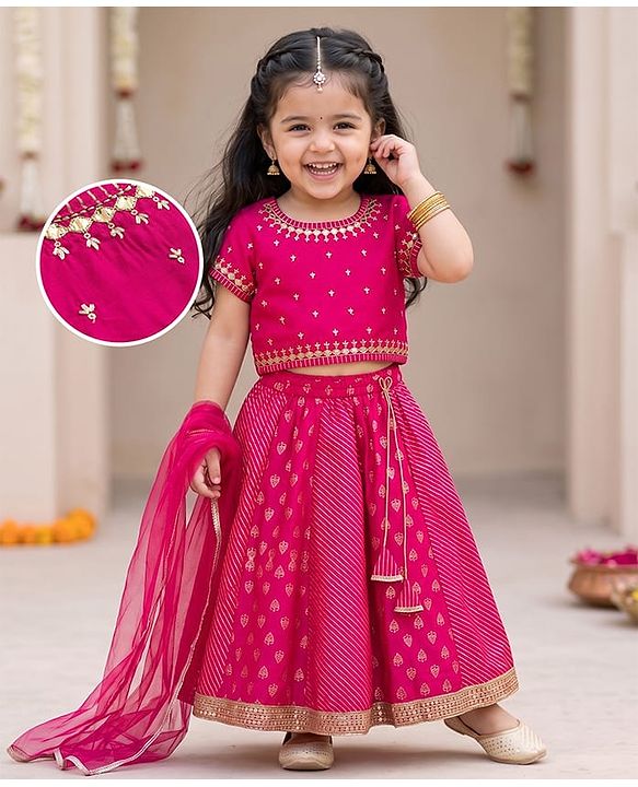 Babyhug Chanderi Woven Half Sleeves Kolka Printed & Embroidered Choli Lehenga  & Dupatta Set -Fuchsia