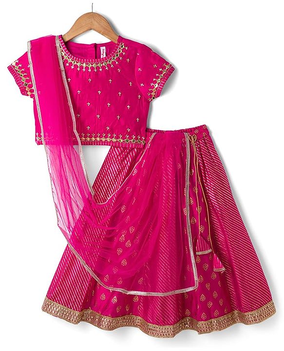 Babyhug Chanderi Woven Half Sleeves Kolka Printed & Embroidered Choli Lehenga  & Dupatta Set -Fuchsia