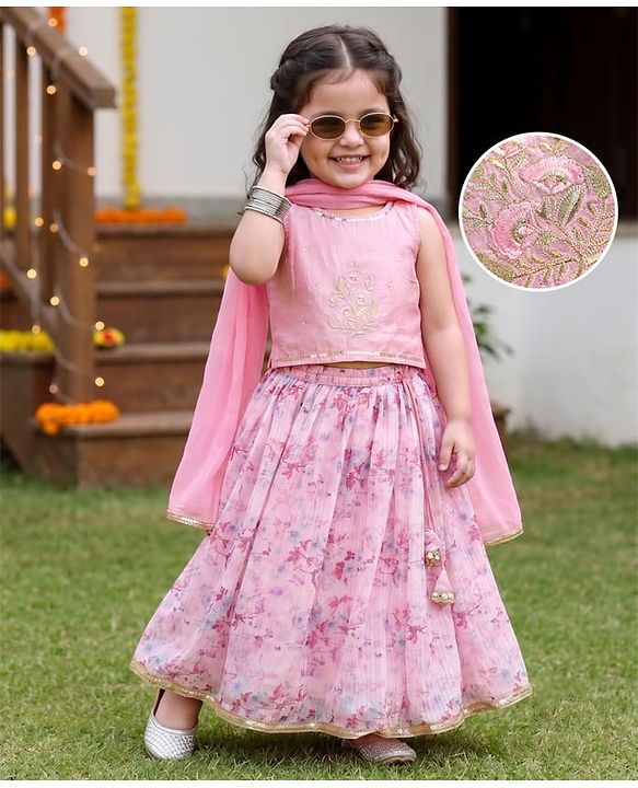 Babyhug Chanderi Woven Sleeveless Lehenga Choli and Dupatta Set With Sequin Detailing & Floral Print & Embroidery - Pink