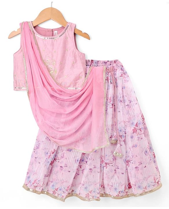 Babyhug Chanderi Woven Sleeveless Lehenga Choli and Dupatta Set With Sequin Detailing & Floral Print & Embroidery - Pink