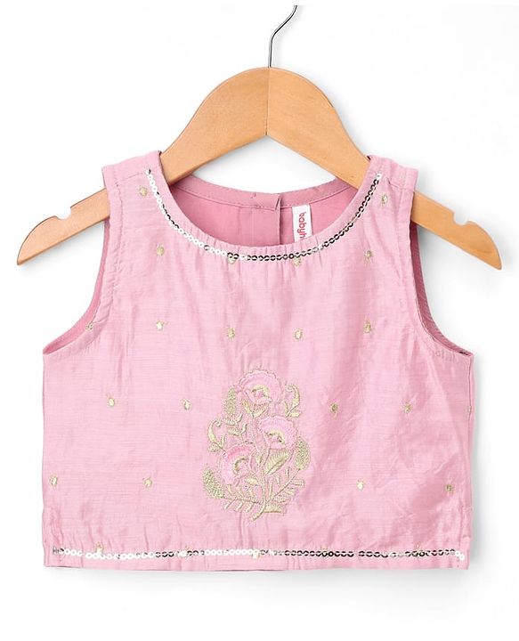 Babyhug Chanderi Woven Sleeveless Lehenga Choli and Dupatta Set With Sequin Detailing & Floral Print & Embroidery - Pink
