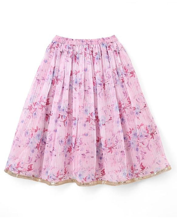 Babyhug Chanderi Woven Sleeveless Lehenga Choli and Dupatta Set With Sequin Detailing & Floral Print & Embroidery - Pink