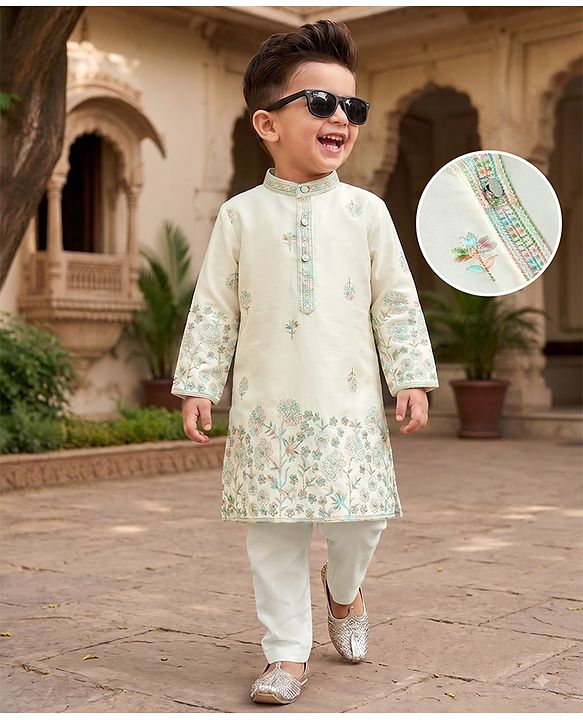 Babyhug Woven Full Sleeves Kurta Pajama Set with Floral Embroidery - Off White