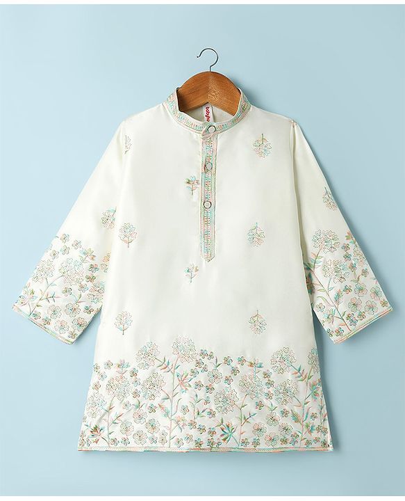 Babyhug Woven Full Sleeves Kurta Pajama Set with Floral Embroidery - Off White