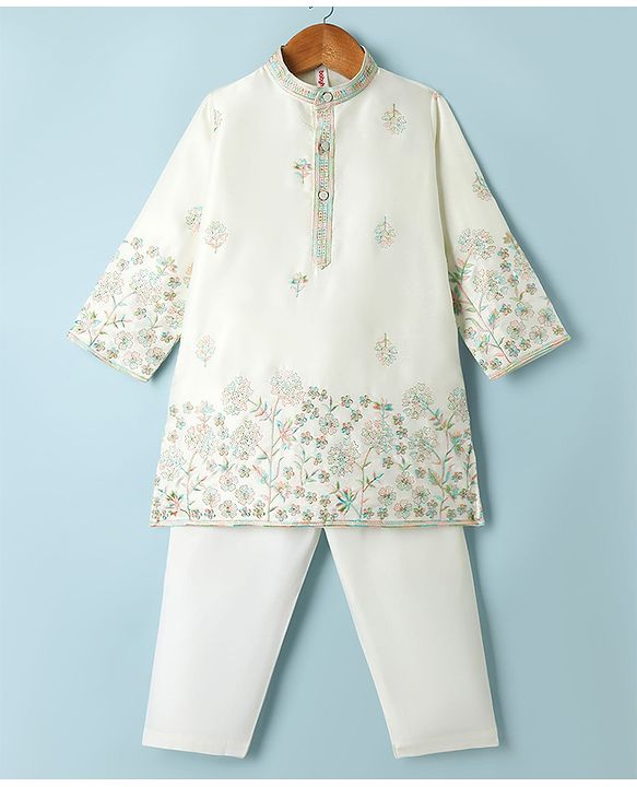 Babyhug Woven Full Sleeves Kurta Pajama Set with Floral Embroidery - Off White