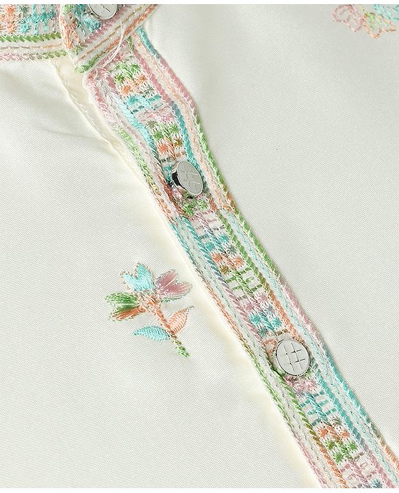 Babyhug Woven Full Sleeves Kurta Pajama Set with Floral Embroidery - Off White