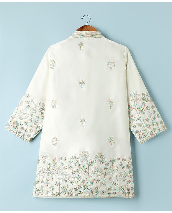 Babyhug Woven Full Sleeves Kurta Pajama Set with Floral Embroidery - Off White