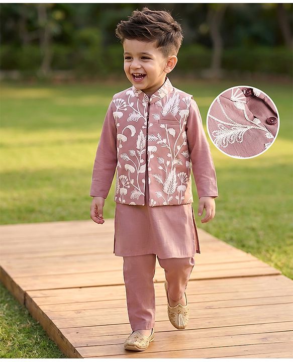 Babyhug Woven Solid Kurta Pyjama Set With Floral Embroidered Jacket - Light Pink
