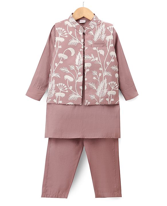 Babyhug Woven Solid Kurta Pyjama Set With Floral Embroidered Jacket - Light Pink