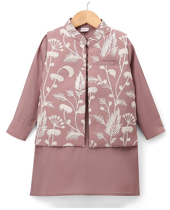 Babyhug Woven Solid Kurta Pyjama Set With Floral Embroidered Jacket - Light Pink