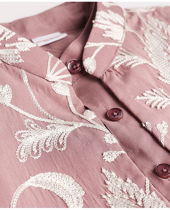 Babyhug Woven Solid Kurta Pyjama Set With Floral Embroidered Jacket - Light Pink