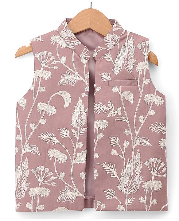 Babyhug Woven Solid Kurta Pyjama Set With Floral Embroidered Jacket - Light Pink