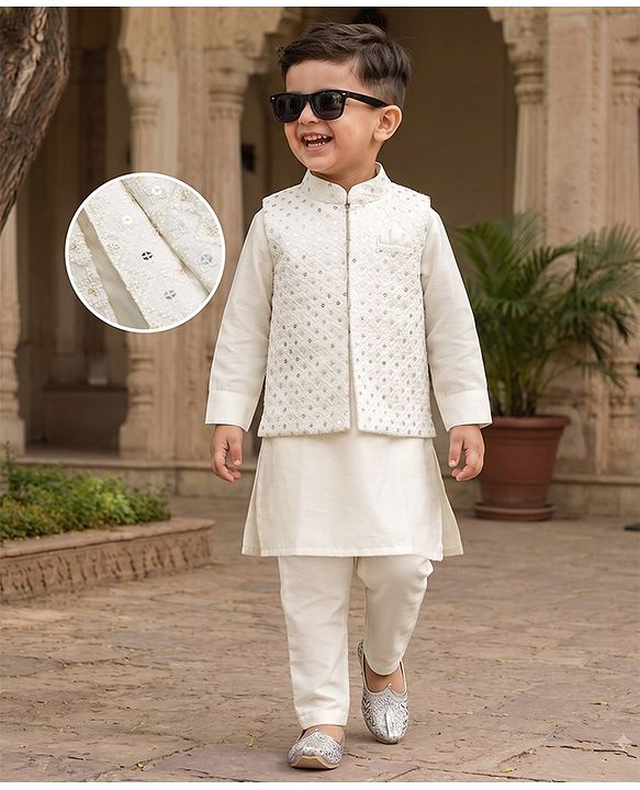 Babyhug Woven Full Sleeves Solid Kurta & Pyjama Set With Sequinned Embroidered Jacket - White