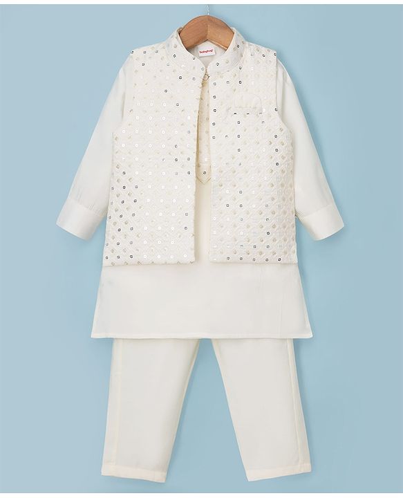 Babyhug Woven Full Sleeves Solid Kurta & Pyjama Set With Sequinned Embroidered Jacket - White
