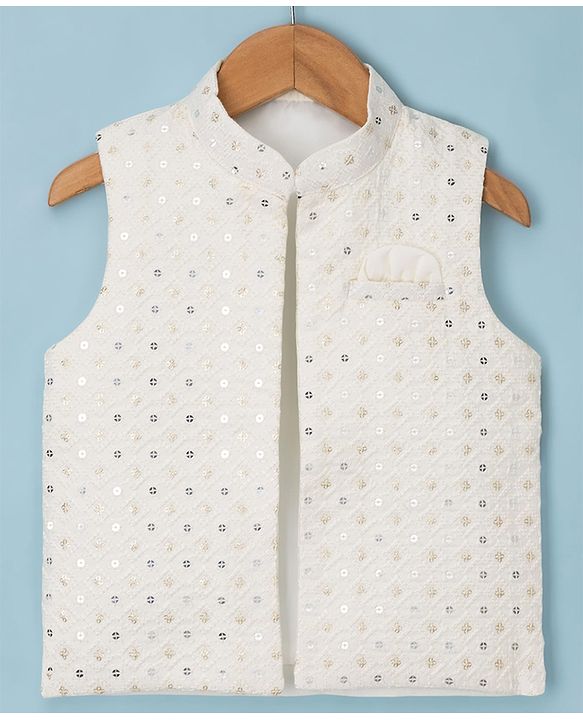 Babyhug Woven Full Sleeves Solid Kurta & Pyjama Set With Sequinned Embroidered Jacket - White