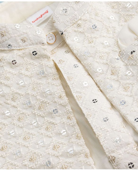 Babyhug Woven Full Sleeves Solid Kurta & Pyjama Set With Sequinned Embroidered Jacket - White