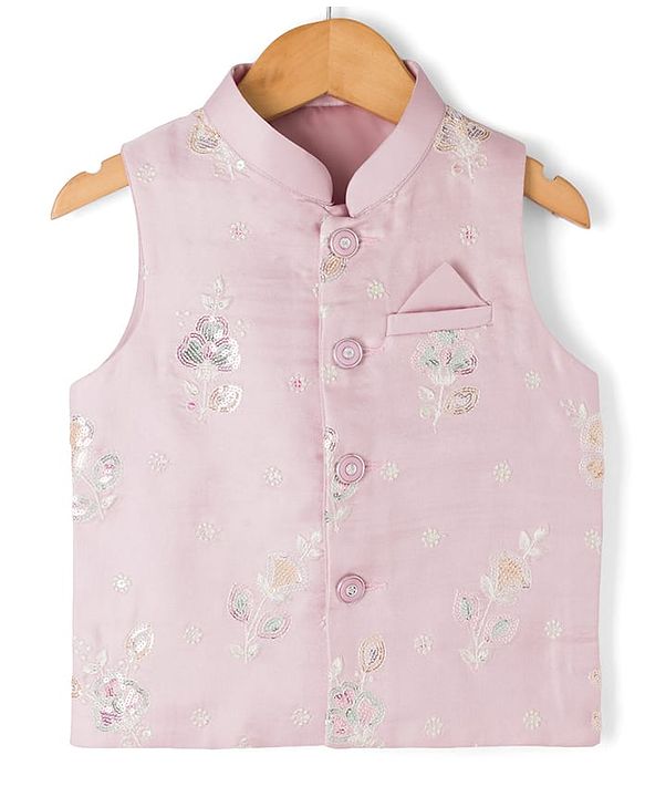 Babyhug Woven Full Sleeves Solid Kurta Pyjama Set With Embroidered Jacket - Purple