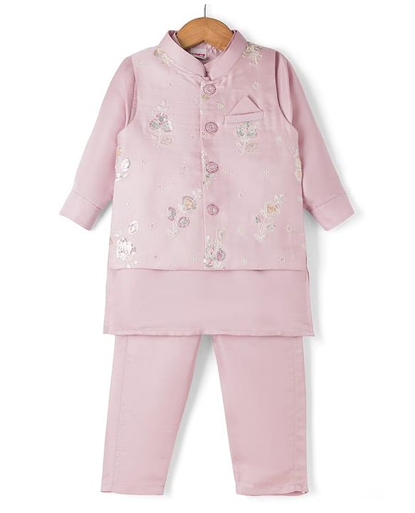 Babyhug Woven Full Sleeves Solid Kurta Pyjama Set With Embroidered Jacket - Purple