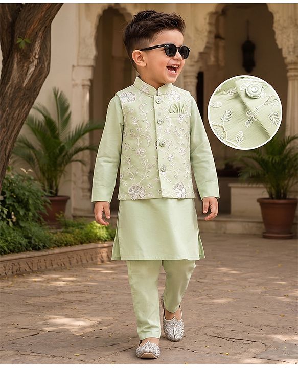 Babyhug Woven Full Sleeves Solid Kurta & Pyjama Set With Floral Embroidered Jacket - Light Green